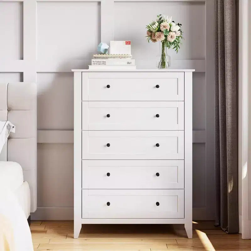 Commode haute à 5 tiroirs profonds avec poignées métalliques, commode en bois moderne pour chambre, entrée, couloir