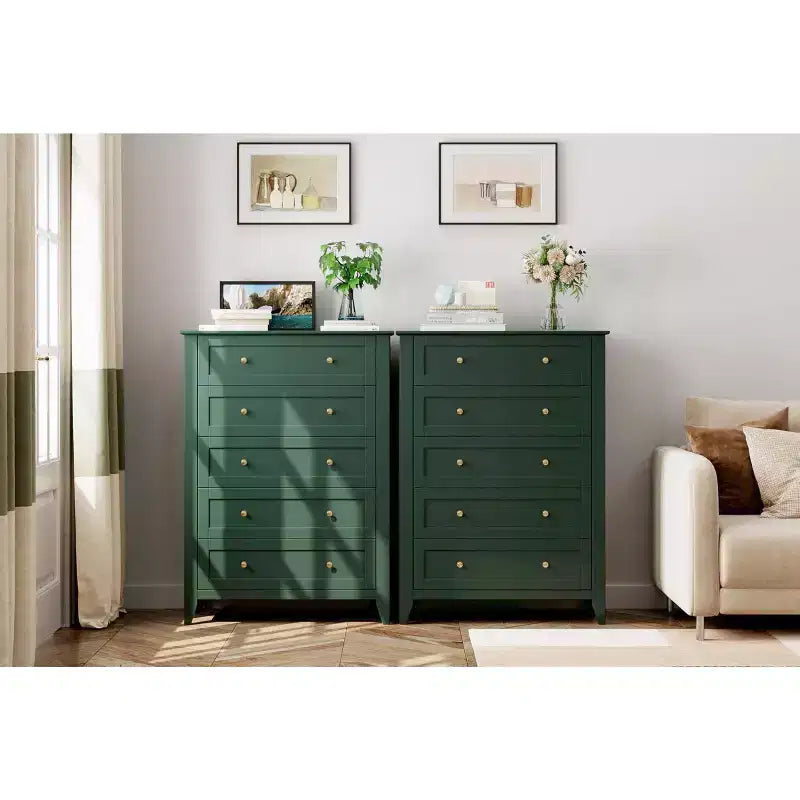 Commode haute à 5 tiroirs profonds avec poignées métalliques, commode en bois moderne pour chambre, entrée, couloir