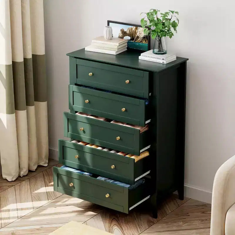 Commode haute à 5 tiroirs profonds avec poignées métalliques, commode en bois moderne pour chambre, entrée, couloir