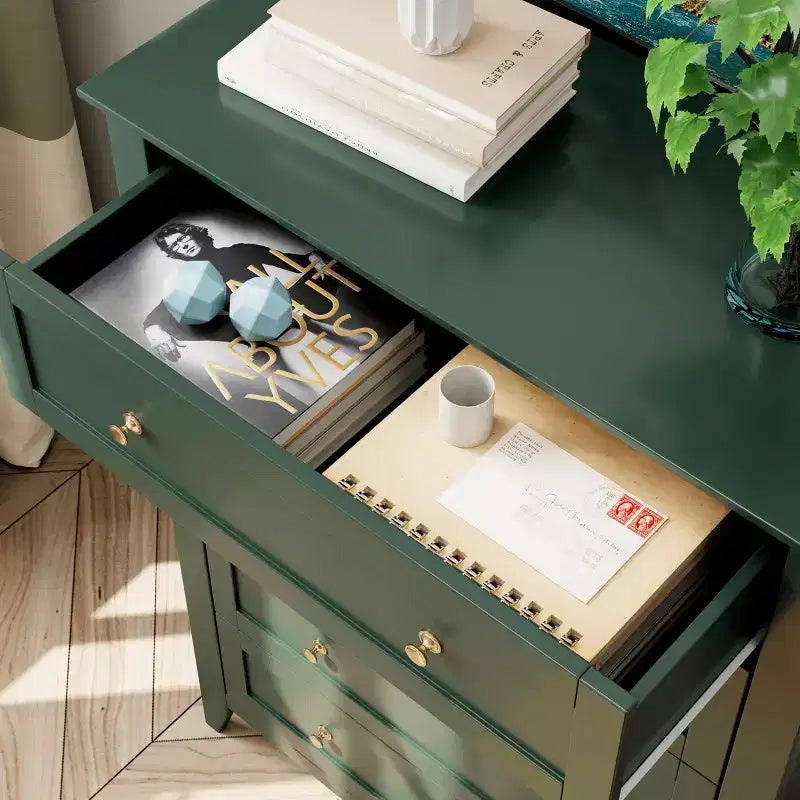 Commode haute à 5 tiroirs profonds avec poignées métalliques, commode en bois moderne pour chambre, entrée, couloir