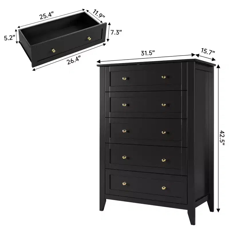 Commode haute à 5 tiroirs profonds avec poignées métalliques, commode en bois moderne pour chambre, entrée, couloir