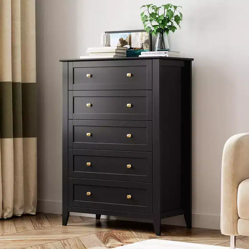 Commode haute à 5 tiroirs profonds avec poignées métalliques, commode en bois moderne pour chambre, entrée, couloir