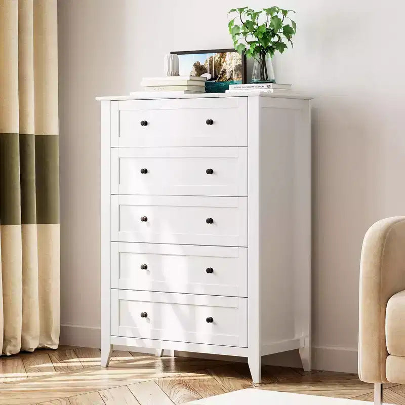 Commode haute à 5 tiroirs profonds avec poignées métalliques, commode en bois moderne pour chambre, entrée, couloir