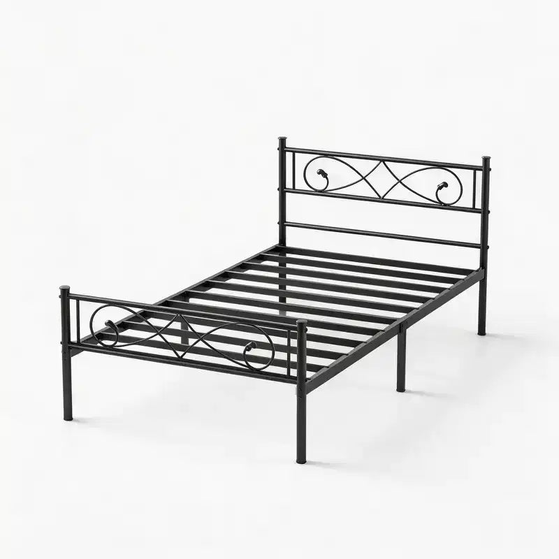 Cadre de lit double en métal avec tête et pied de lit artistiques en forme de poing, cadre de lit en acier noir avec rangement sous le lit, sommier tapissier non requis