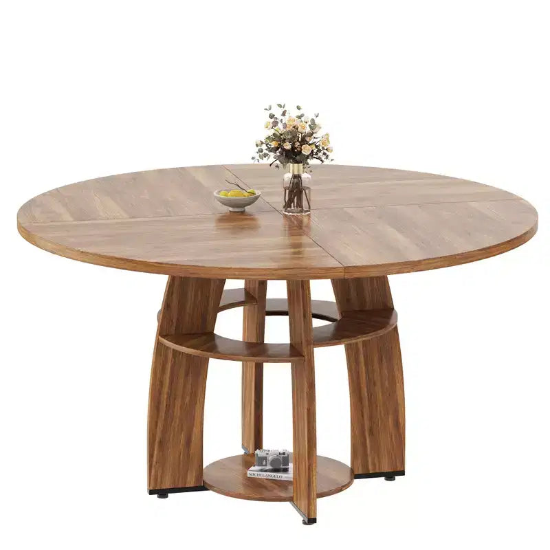Table de salle à manger ronde de 120 cm pour 4 à 6 personnes, table en bois moderne avec étagère de rangement et pieds réglables, pour salle à manger, salon, appartement