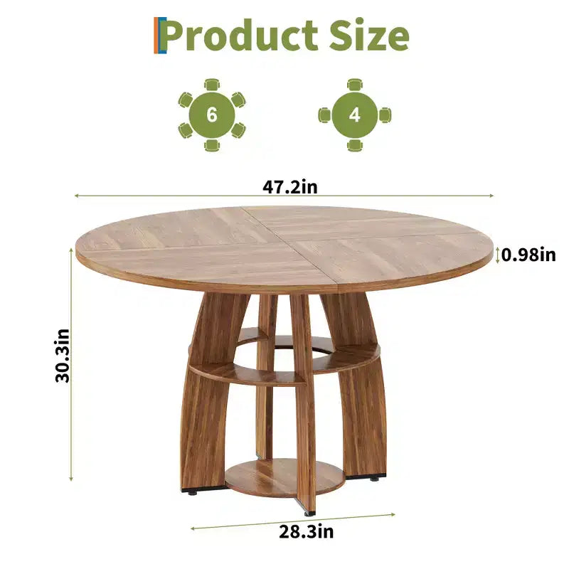 Table de salle à manger ronde de 120 cm pour 4 à 6 personnes, table en bois moderne avec étagère de rangement et pieds réglables, pour salle à manger, salon, appartement