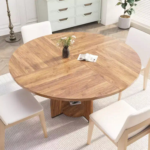 Table de salle à manger ronde de 120 cm pour 4 à 6 personnes, table en bois moderne avec étagère de rangement et pieds réglables, pour salle à manger, salon, appartement