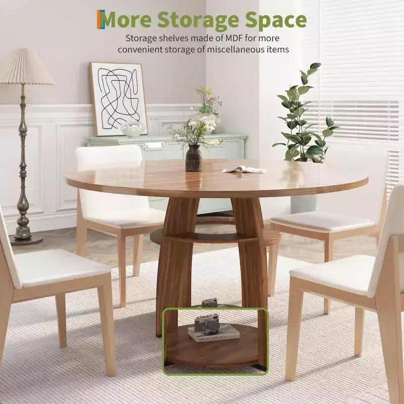 Table de salle à manger ronde de 120 cm pour 4 à 6 personnes, table en bois moderne avec étagère de rangement et pieds réglables, pour salle à manger, salon, appartement