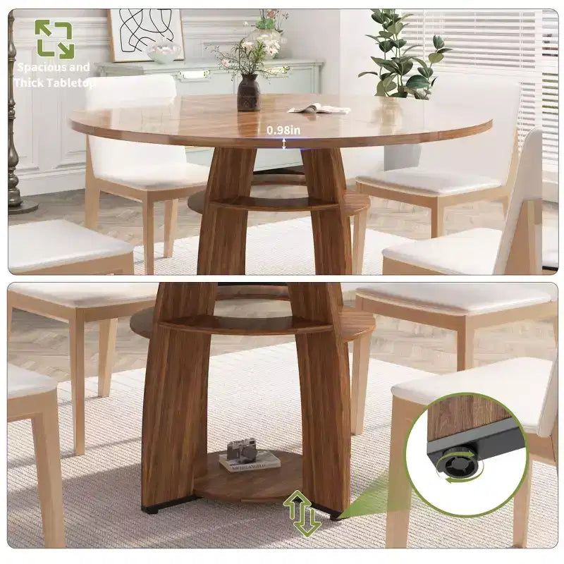 Table de salle à manger ronde de 120 cm pour 4 à 6 personnes, table en bois moderne avec étagère de rangement et pieds réglables, pour salle à manger, salon, appartement