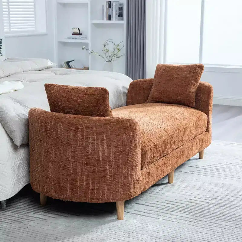 Chaise longue moderne 77 en chenille et bois d'hévéa avec 2 traversins