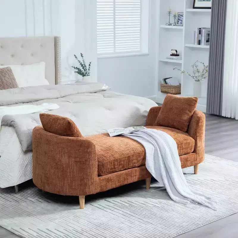 Chaise longue moderne 77 en chenille et bois d'hévéa avec 2 traversins