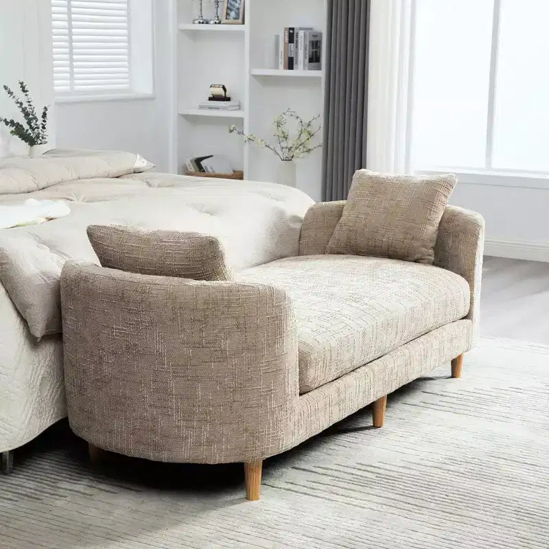 Chaise longue moderne 77 en chenille et bois d'hévéa avec 2 traversins