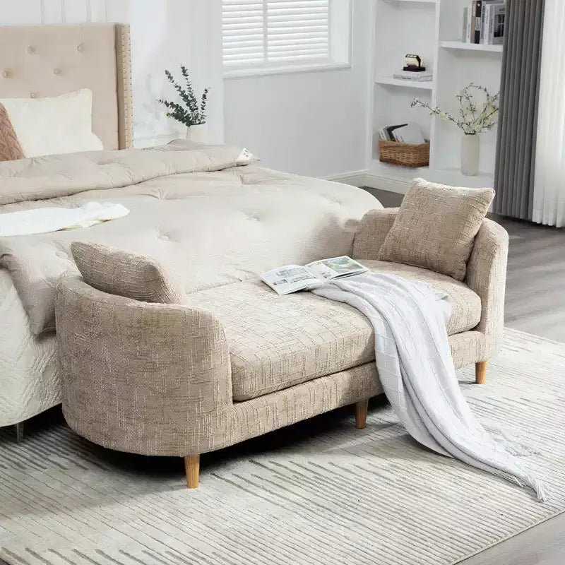 Chaise longue moderne 77 en chenille et bois d'hévéa avec 2 traversins