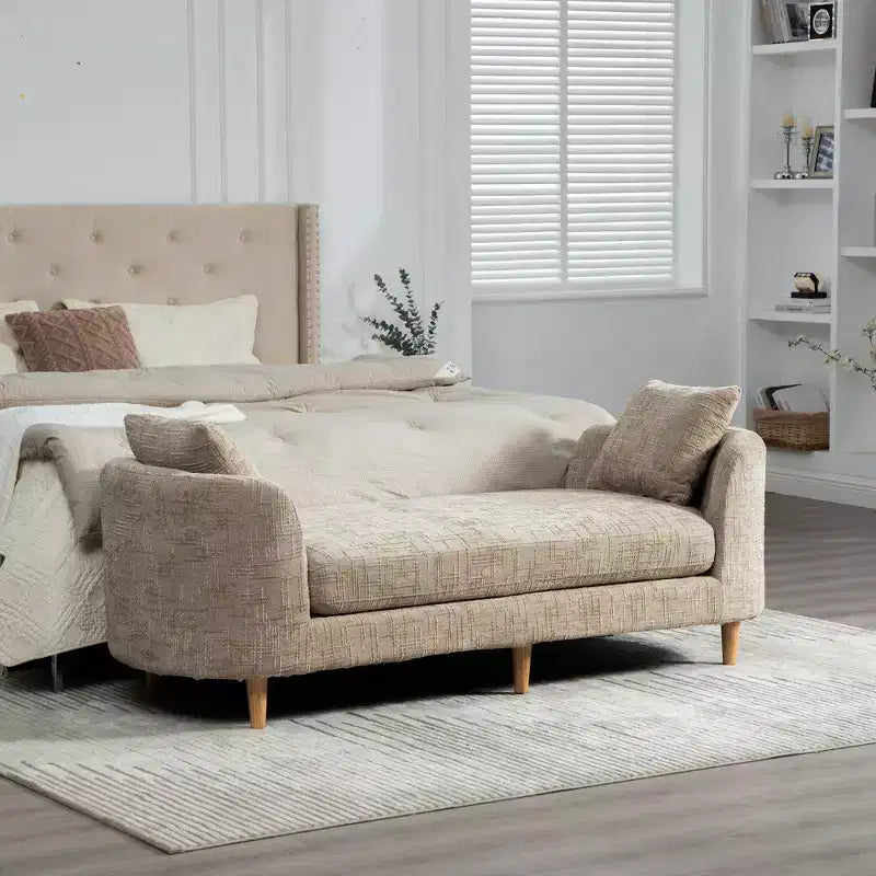 Chaise longue moderne 77 en chenille et bois d'hévéa avec 2 traversins