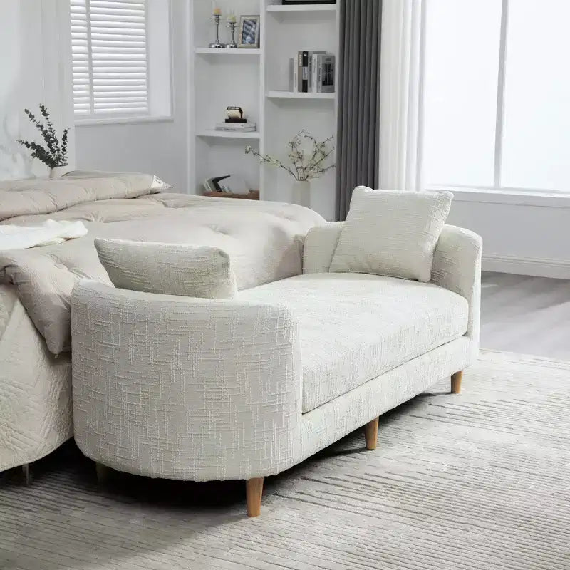Chaise longue moderne 77 en chenille et bois d'hévéa avec 2 traversins