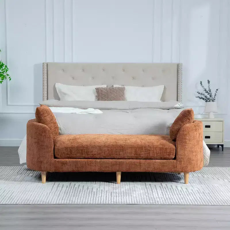 Chaise longue moderne 77 en chenille et bois d'hévéa avec 2 traversins