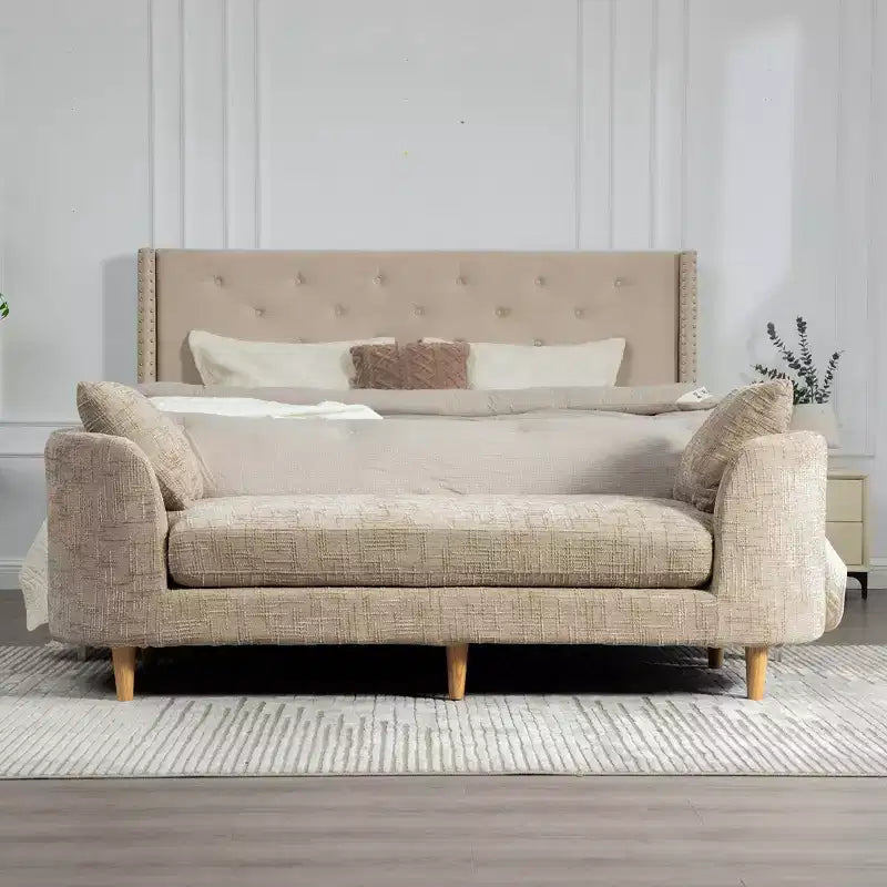 Chaise longue moderne 77 en chenille et bois d'hévéa avec 2 traversins