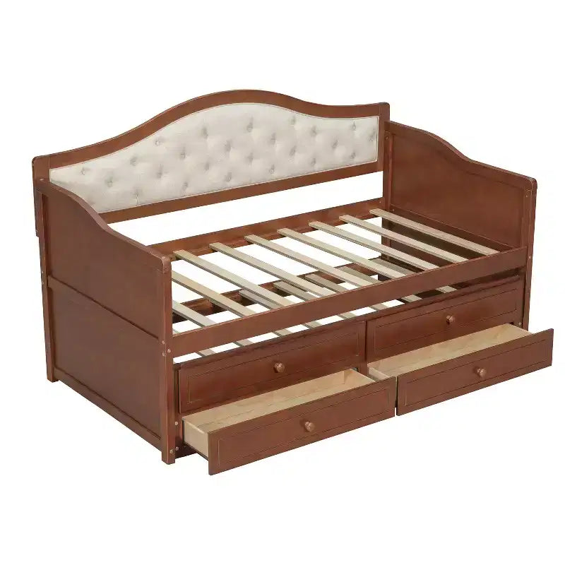 Lit de repos double avec lit gigogne et 2 tiroirs de rangement, Canapé-lit en bois avec dossier capitonné, Noyer