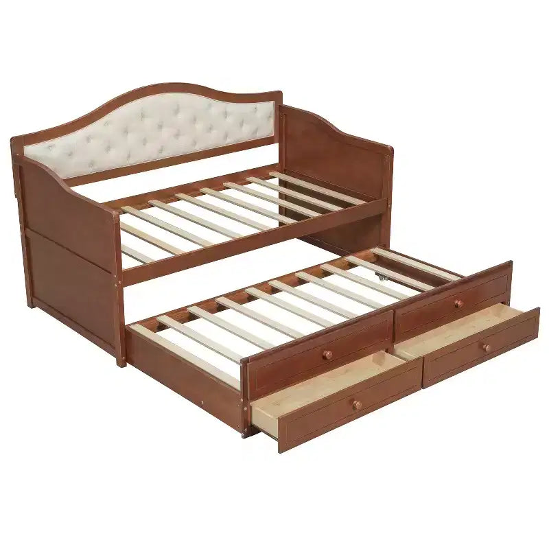 Lit de repos double avec lit gigogne et 2 tiroirs de rangement, Canapé-lit en bois avec dossier capitonné, Noyer