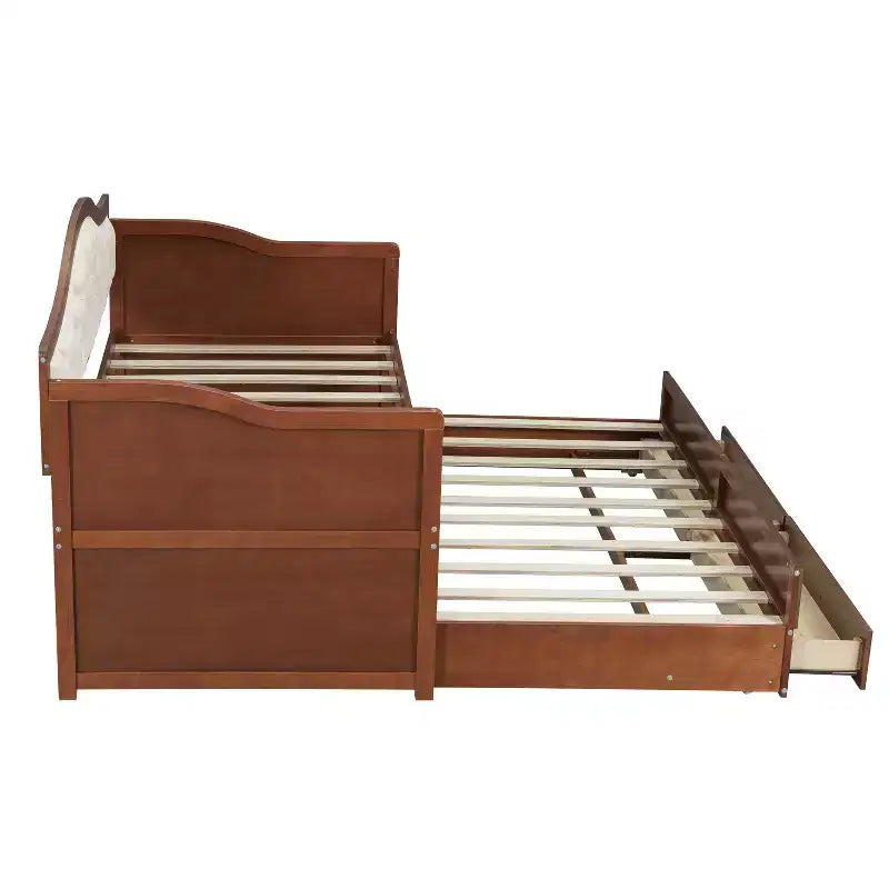 Lit de repos double avec lit gigogne et 2 tiroirs de rangement, Canapé-lit en bois avec dossier capitonné, Noyer