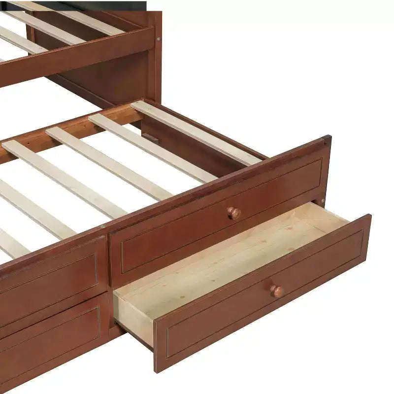Lit de repos double avec lit gigogne et 2 tiroirs de rangement, Canapé-lit en bois avec dossier capitonné, Noyer