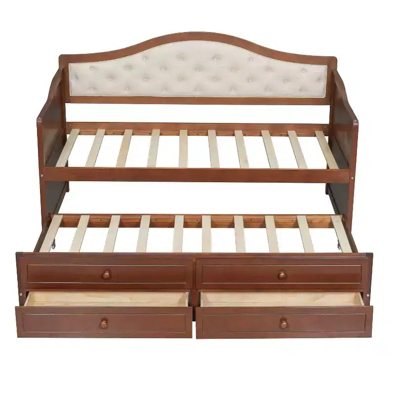 Lit de repos double avec lit gigogne et 2 tiroirs de rangement, Canapé-lit en bois avec dossier capitonné, Noyer