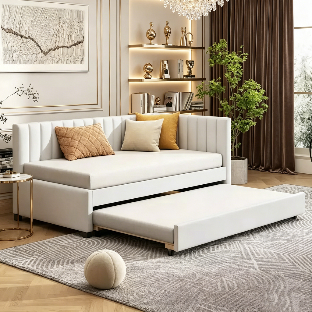 Lit de repos capitonné taille double avec lit gigogne, cadre de lit de jour double avec accoudoir, canapé-lit pour salon chambre, beige