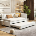 Lit de repos capitonné taille double avec lit gigogne, cadre de lit de jour double avec accoudoir, canapé-lit pour salon chambre, beige