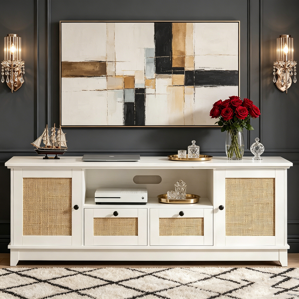 Meuble TV, Centre de divertissement – pour TV 65+ pouces, Meuble TV en rotin avec rangement et porte en maille, Meuble TV blanc moderne pour salon