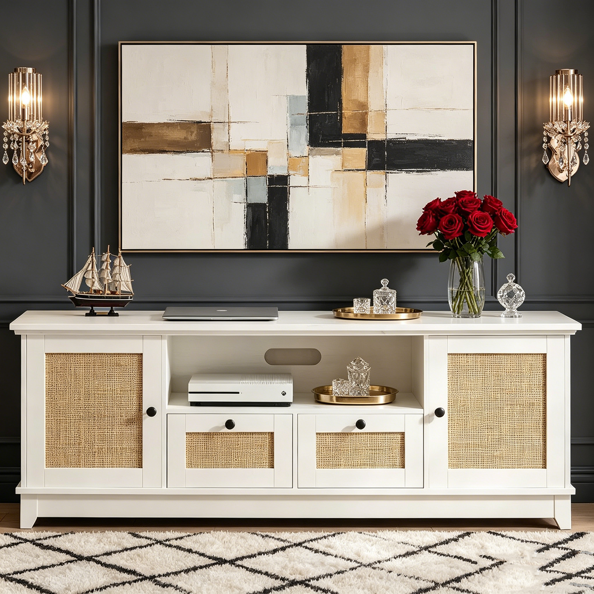 Meuble TV, Centre de divertissement – pour TV 65+ pouces, Meuble TV en rotin avec rangement et porte en maille, Meuble TV blanc moderne pour salon