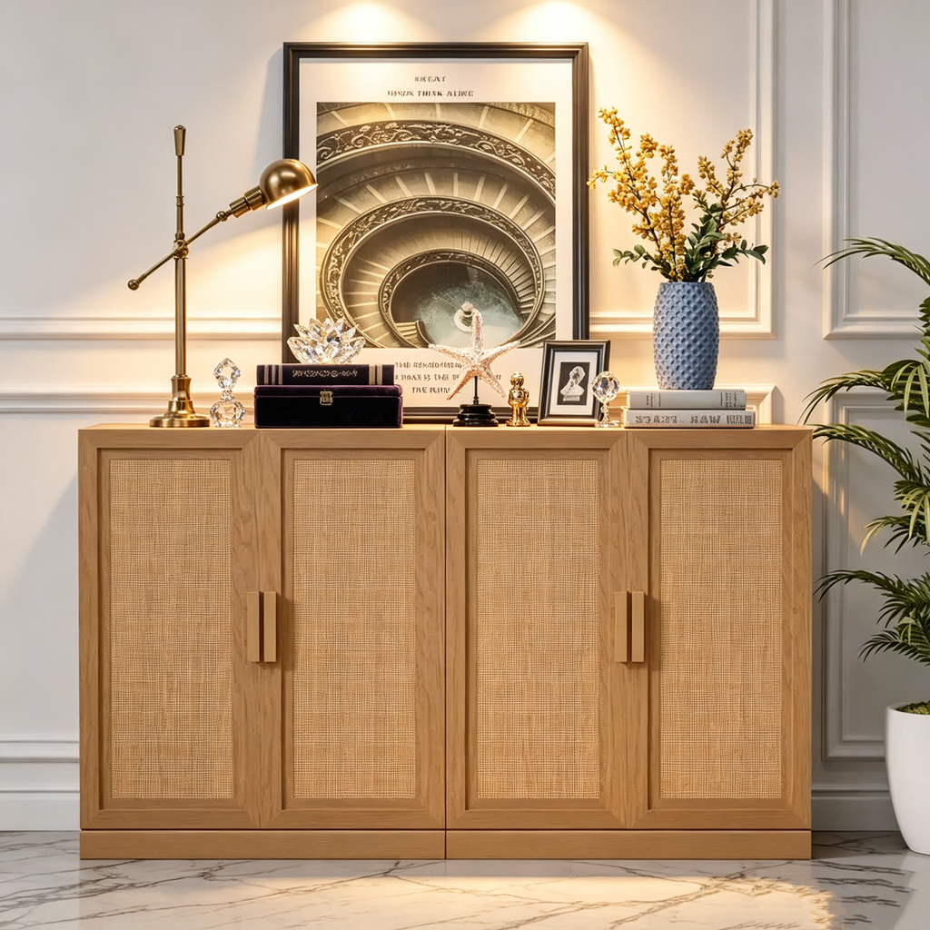 Buffet moderne 4 portes en rotin, 62 l x 31 H po, meuble d'appoint de rangement pour couloir, entrée, salle à manger, naturel