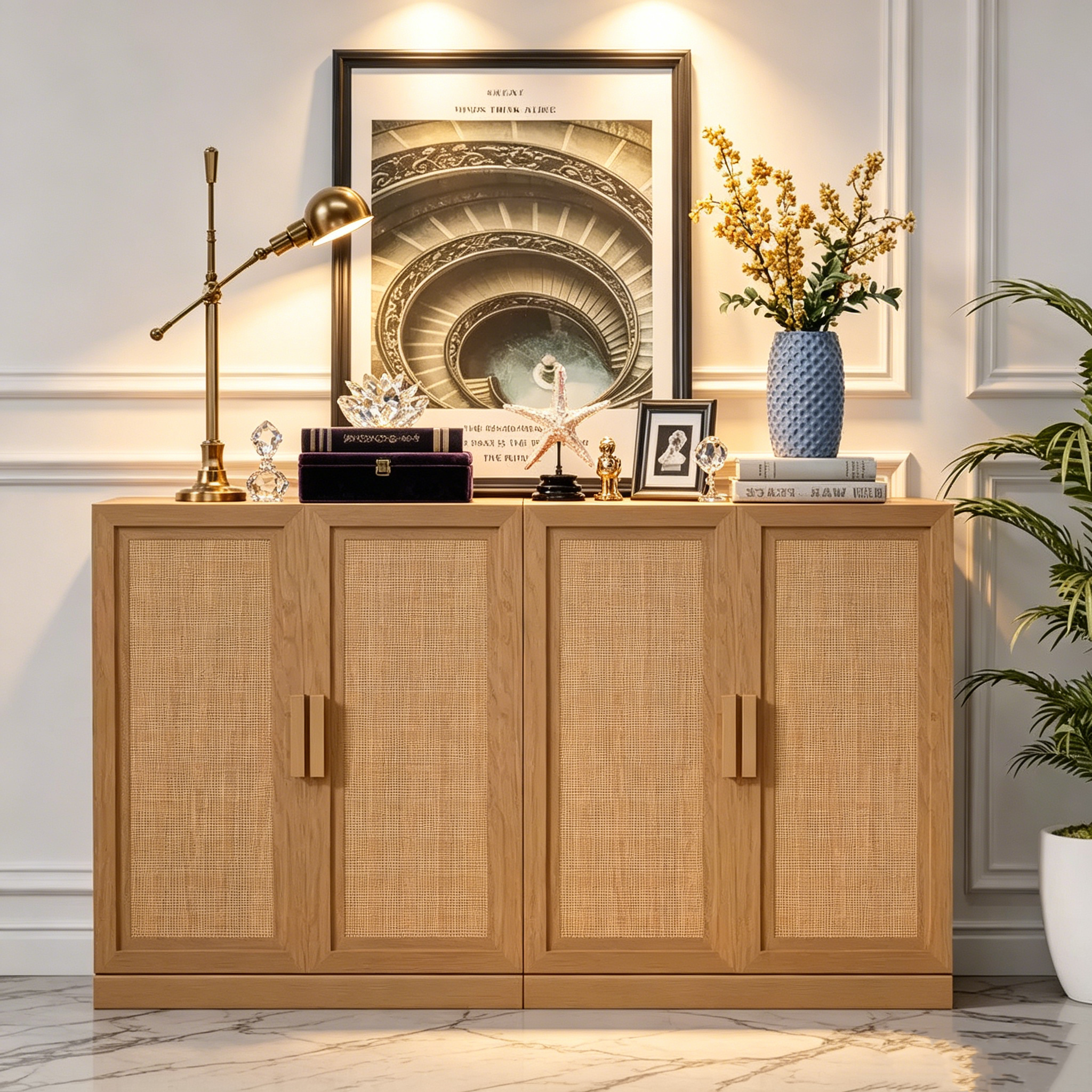 Buffet moderne 4 portes en rotin, 62 l x 31 H po, meuble d'appoint de rangement pour couloir, entrée, salle à manger, naturel