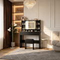 Coiffeuse Coulissante avec Miroir et Lumières - Table de Maquillage avec Tabouret, Station de Charge, Tiroirs et Étagères pour Chambre à Coucher