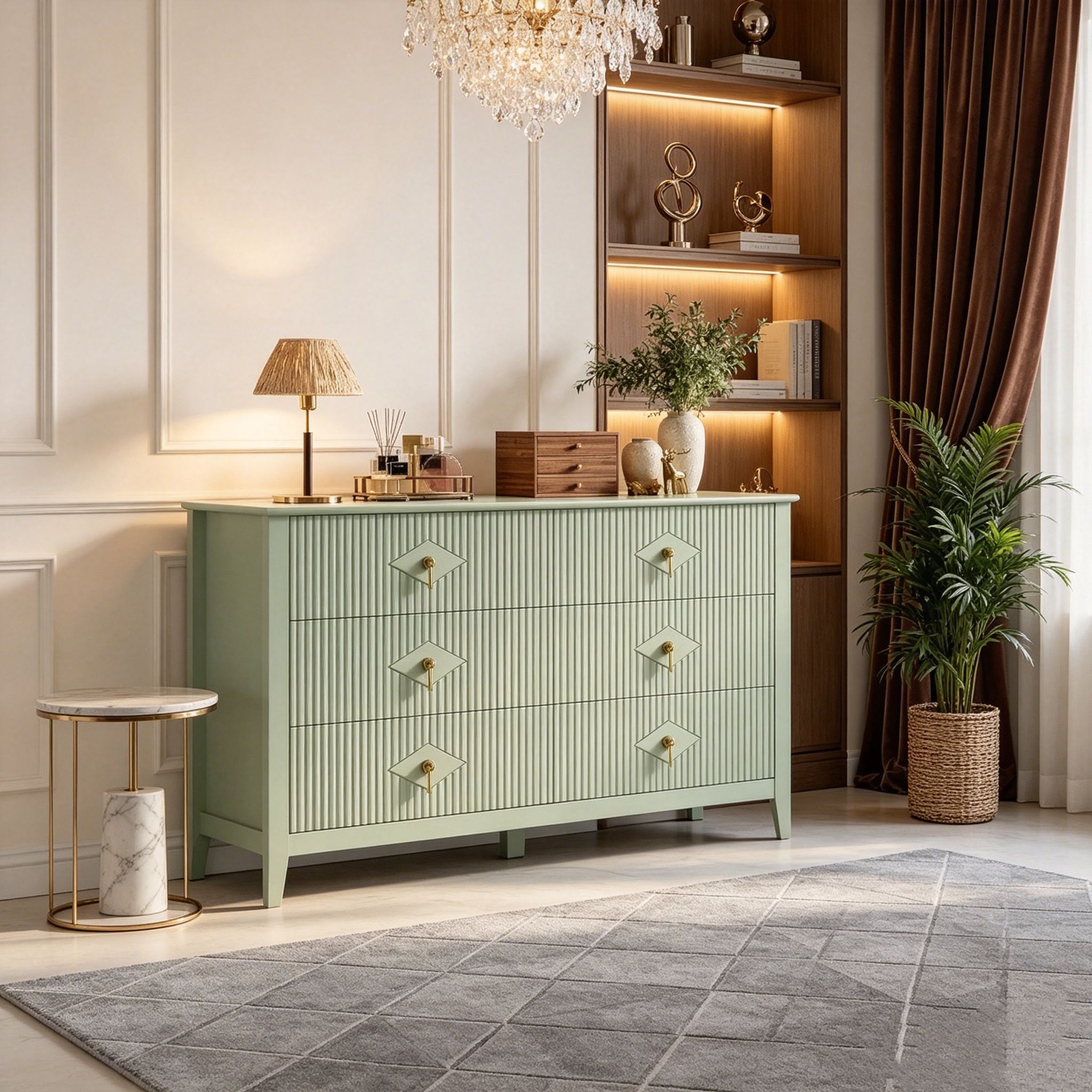 Commode à 6 tiroirs extra large de 137 cm avec panneaux cannelés Meuble de rangement moderne Meuble TV finition chêne, pour chambre, salon, couloir