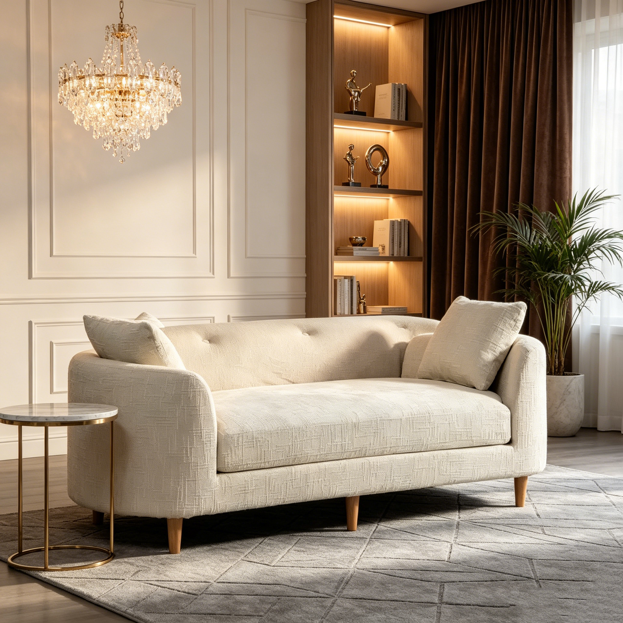 Chaise longue moderne 77 en chenille et bois d'hévéa avec 2 traversins